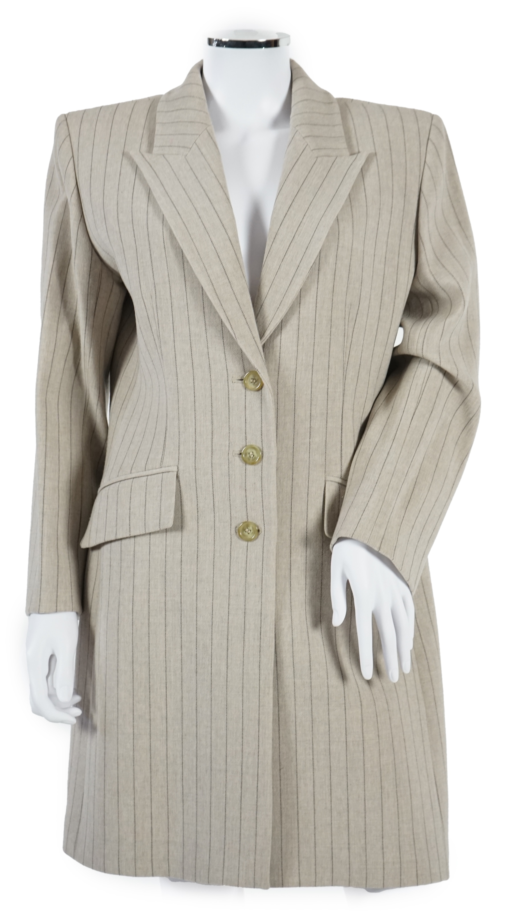 Two vintage Yves Saint Laurent variation lady's suits with matching trousers and skirts, F 40 (UK 12). Please note alterations to make the waist smaller may have been carried out on some of the skirts. Proceeds to Happy